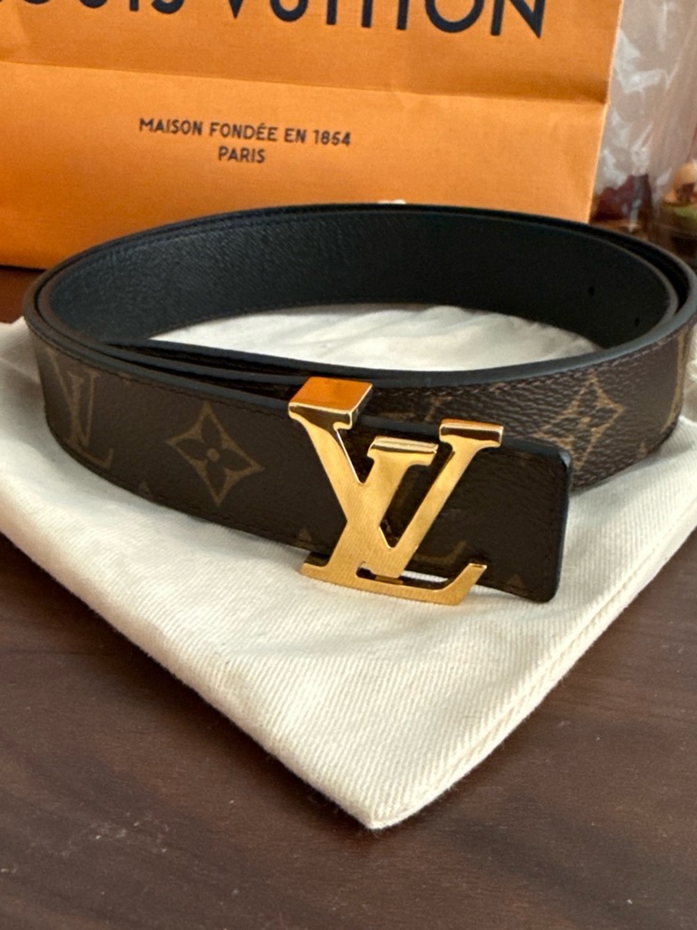 Louis Vuitton Monogram Brown Leather Belt with Gold LV Buckle